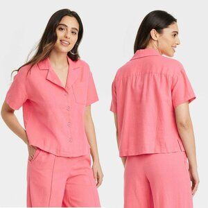 XS - Womens Linen Short Sleeve Button-Down Camp Shirt - A New Day - Pink